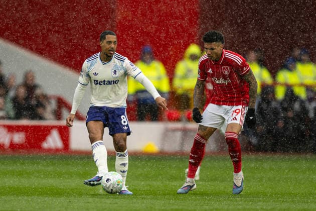 12th April 2026; The City Ground, Nottingham, England; Premier League Football, Nottingham Forest versus Aston Villa; Youri Tielemans of Aston Villa on the ball with Igor Jesus of Nottingham Forest close by GodfreyxPitt