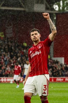 12th April 2026; The City Ground, Nottingham, England; Premier League Football, Nottingham Forest versus Aston Villa; Neco Williams of Nottingham Forest celebrates scoring in the 38th minute to make the score 1-1 GodfreyxPitt