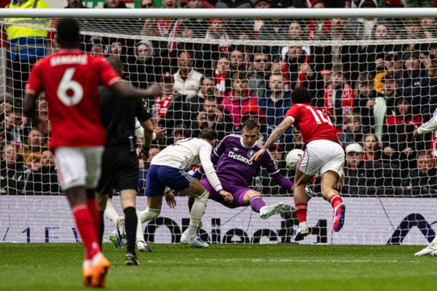 12th April 2026; The City Ground, Nottingham, England; Premier League Football, Nottingham Forest versus Aston Villa; A scramble in the Aston Villa penalty area but the ball is cleared GodfreyxPitt