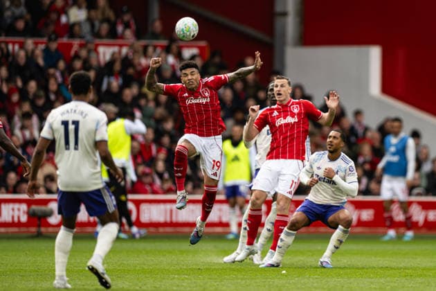12th April 2026; The City Ground, Nottingham, England; Premier League Football, Nottingham Forest versus Aston Villa; Igor Jesus of Nottingham Forest wins a header GodfreyxPitt