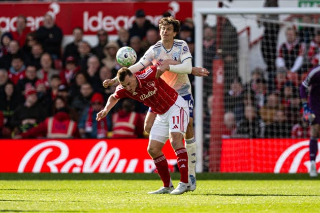 12th April 2026; The City Ground, Nottingham, England; Premier League Football, Nottingham Forest versus Aston Villa; Chris Wood of Nottingham Forest wins a header under pressure from Pau Torres of Aston Villa GodfreyxPitt