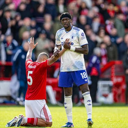 12th April 2026; The City Ground, Nottingham, England; Premier League Football, Nottingham Forest versus Aston Villa; Tammy Abraham of Aston Villa shakes hands with Murillo of Nottingham Forest after the final whistle GodfreyxPitt