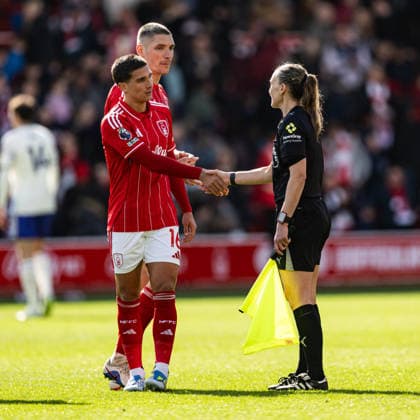 12th April 2026; The City Ground, Nottingham, England; Premier League Football, Nottingham Forest versus Aston Villa; Nicolas Dominguez of Nottingham Forest shakes hands with assistant referee Natalie Aspinall after the final whistle GodfreyxPitt