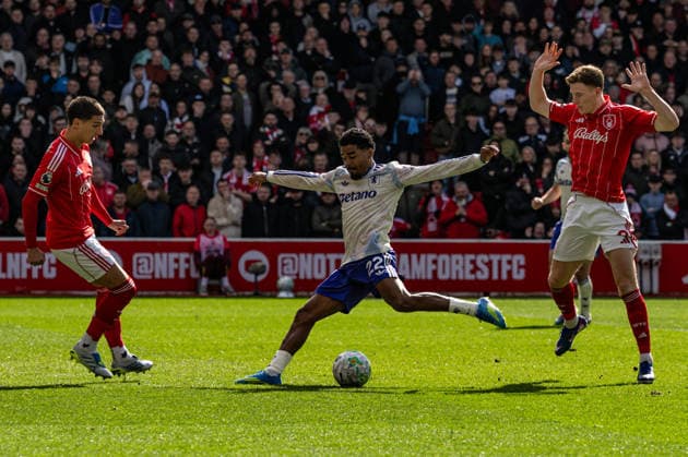 12th April 2026; The City Ground, Nottingham, England; Premier League Football, Nottingham Forest versus Aston Villa; Ian Maatsen of Aston Villa shoots at goal GodfreyxPitt