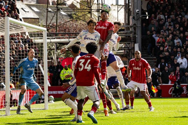 12th April 2026; The City Ground, Nottingham, England; Premier League Football, Nottingham Forest versus Aston Villa; Igor Jesus of Nottingham Forest wins a defensive header GodfreyxPitt
