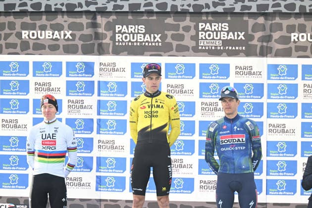 12-04-2026 Paris - Roubaix; 2026, Visma - Lease A Bike; 2026, Uae Emirates - Xrg; 2026, Soudal - Quick Step; Van Aert, Wout; Pogacar, Tadej; Stuyven, Jasper; Roubaix; 