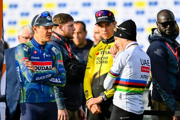 Paris - Roubaix Hauts-de-France 2026 Cycling Race ROUBAIX, FRANCE - APRIL 12 : Stuyven Jasper (BEL) of Soudal Quick Step, Pogacar Tadej (SLO) of UAE Team Emirates XRG, Van Aert Wout (BEL) of Team Visma Lease a Bike after the race during the 123rd edition of Paris - Roubaix Hauts-de-France an UCI World Tour 1.UWT one day cycling road race for Men Elite of 258 km with start in Compiegne and finish in Roubaix on April 12, 2026 in Roubaix, France, 12 04 2026 Roubaix France  Copyright: xTomasxSiskx