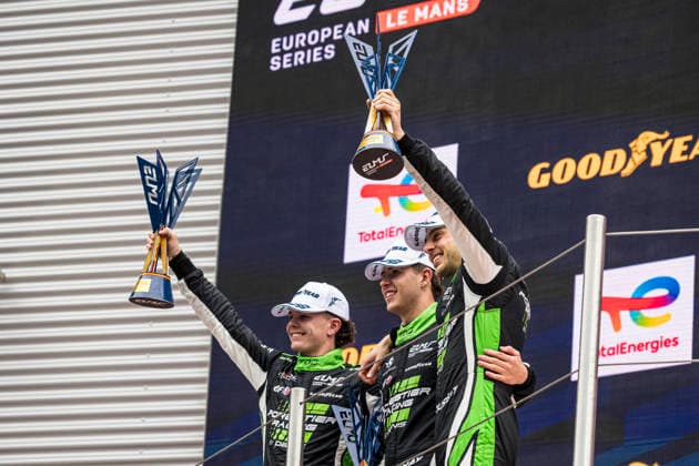 RECORD DATE NOT STATED 12th April 2026; Circuit de Barcelona-Catalunya, Barcelona, Catalonia, Spain: Le Mans 4 Hours of Barcelona; (L-R) Esteban Masson, Louis Rousset, Oliver Gray drivers, Oreca 07 Gibson LMP2 car of the Forestier Racing By Panis Team celebrate during the podium ceremony PabloxGuillen