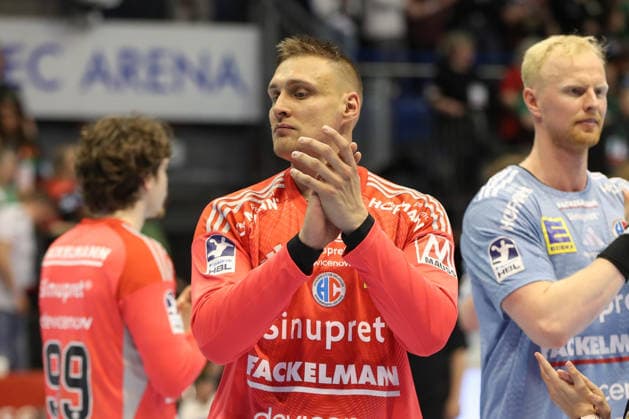 12 04 2026, xgox, Handball Daikin HBL SC Magdeburg HC Erlangen emspor, v l Dario Quenstedt Erlangen, 1 disappointed, looks disappointed, disappointed Magdeburg