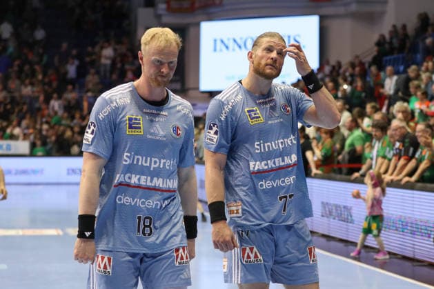 12 04 2026, xgox, Handball Daikin HBL SC Magdeburg HC Erlangen emspor, v l Sebastian Firnhaber Erlangen, 18 , Maciej Gebala Erlangen, 77 disappointed, looks disappointed, disappointed Magdeburg