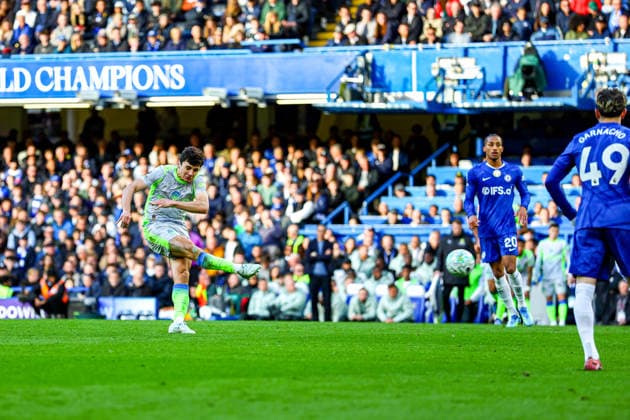 Chelsea v Manchester City, Premier League Abdukodir Khusanov (45) of Manchester City shoots towards the goal during the Premier League match between Chelsea and Manchester City at Stamford Bridge, London, UK on 12 April 2026. Editorial use only DataCo restrictions apply See www.football-dataco.com , Copyright: xNigelxKeenex PSI-24056-0085