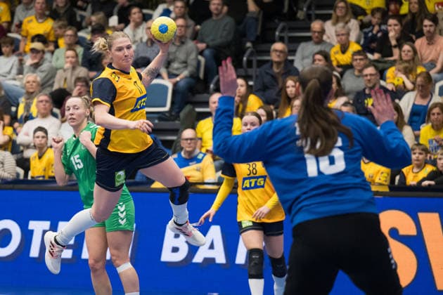 260412 Nina Dano of Sweden and Goal keeper Evita Å½ilionyte of Lithuania during the women s EHF Euro Qualification handball match between Sweden and Lithuania on April 12, 2026 in Kosta Photo Suvad Mrkonjic BILDBYRAN COP 170 SM0457 handball handball handball kval em em kval qualification womens ehf euro qualification sverige sweden litauen lithuania dam bbeng sverige sweden  Copyright: SUVADxMRKONJIC BB260412SM058