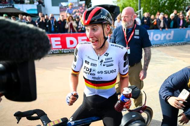 Paris - Roubaix Hauts-de-France 2026 Cycling Race ROUBAIX, FRANCE - APRIL 12 : Koch Franziska (GER) of FDJ United - SUEZ celebrating her victory during the 123rd edition of Paris - Roubaix Hauts-de-France an UCI World Tour 1.UWT one day cycling road race for Women Elite of 258 km with start in Compiegne and finish in Roubaix on April 12, 2026 in Roubaix, France, 12 04 2026 ( Motordriver Kenny Verfaillie - Roubaix France  Copyright: xVincentxKalutx