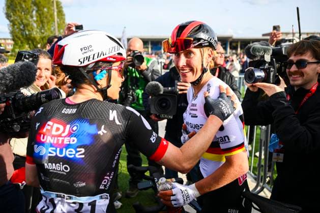Paris - Roubaix Hauts-de-France 2026 Cycling Race ROUBAIX, FRANCE - APRIL 12 : Koch Franziska (GER) of FDJ United - SUEZ celebrating her victory during the 123rd edition of Paris - Roubaix Hauts-de-France an UCI World Tour 1.UWT one day cycling road race for Women Elite of 258 km with start in Compiegne and finish in Roubaix on April 12, 2026 in Roubaix, France, 12 04 2026 ( Motordriver Kenny Verfaillie - Roubaix France  Copyright: xVincentxKalutx
