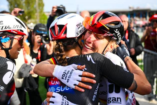 Paris - Roubaix Hauts-de-France 2026 Cycling Race ROUBAIX, FRANCE - APRIL 12 : Koch Franziska (GER) of FDJ United - SUEZ celebrating her victory during the 123rd edition of Paris - Roubaix Hauts-de-France an UCI World Tour 1.UWT one day cycling road race for Women Elite of 258 km with start in Compiegne and finish in Roubaix on April 12, 2026 in Roubaix, France, 12 04 2026 ( Motordriver Kenny Verfaillie - Roubaix France  Copyright: xVincentxKalutx