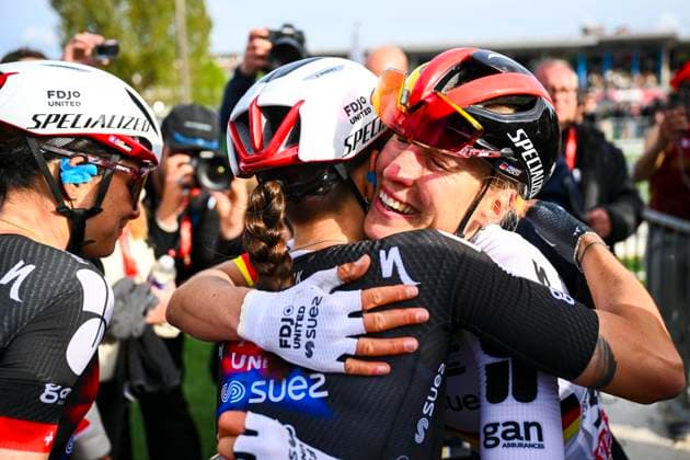 Paris - Roubaix Hauts-de-France 2026 Cycling Race ROUBAIX, FRANCE - APRIL 12 : Koch Franziska (GER) of FDJ United - SUEZ celebrating her victory during the 123rd edition of Paris - Roubaix Hauts-de-France an UCI World Tour 1.UWT one day cycling road race for Women Elite of 258 km with start in Compiegne and finish in Roubaix on April 12, 2026 in Roubaix, France, 12 04 2026 ( Motordriver Kenny Verfaillie - Roubaix France  Copyright: xVincentxKalutx
