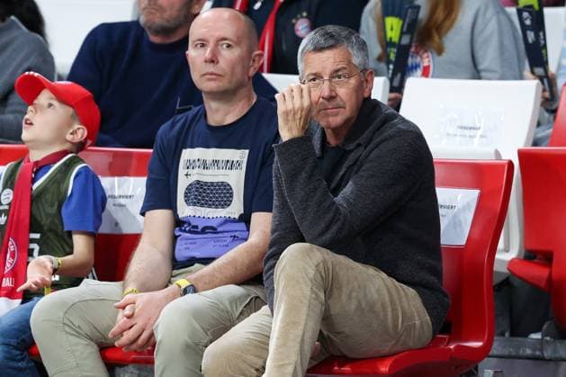 President Herbert Hainer FC Bayern Muenchen , right, watches the game, FC Bayern Muenchen Basketball vs Niners Chemnitz, easyCredit BBL, Basketball, Bundesliga, Men, Main Round, April 12, 2026 Muenchen Bayern Germany Copyright: xkolbert-press MartinxAgüerax