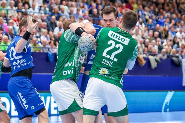 2026 04 12, xkwix, Handball, HBL, TBV Lemgo Lippe Füchse Berlin, PHOENIX CONTACT arena, 28 Matchday, Season 2025 2026 Adam Nyfjäll TBV Lemgo Lippe 22 blocked by Nejc Cehte Füchse Berlin 22 and Matthes Langhoff Füchse Berlin 25 DFB regulations prohibit any use of photographs as image sequences and or quasi video Photo xKamilxWilkowskixPressefotoKochx Nordrhein Westfalen Germany