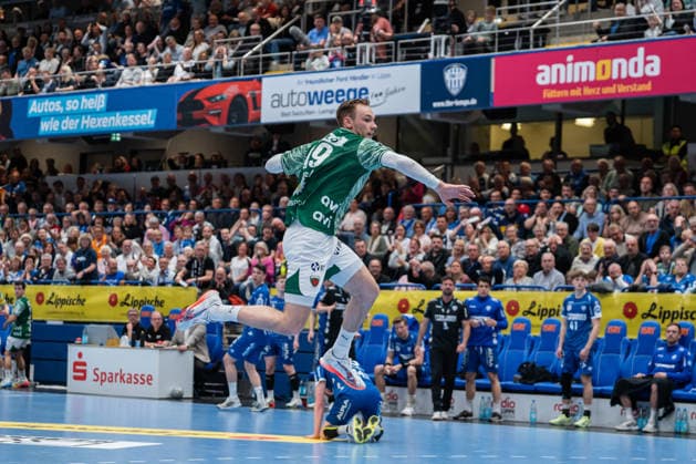 TBV Lemgo Lippe GER vs Fuechse Berlin GER , Handball, Daikin Handball Bundesliga, 28 Matchday, 12 4 2026, Season 2025 2026, Lemgo Mathias Gidsel Fuechse Berlin, 19 in goal Lemgo Phoenix Contact Arena Germany