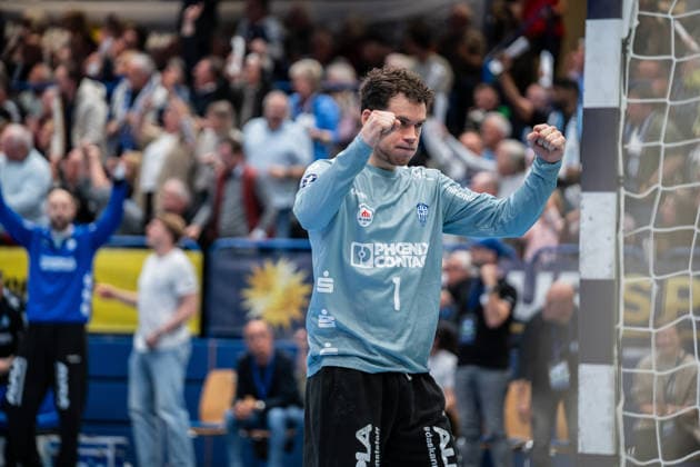 TBV Lemgo Lippe GER vs Fuechse Berlin GER , Handball, Daikin Handball Bundesliga, 28 Matchday, 12 4 2026, Season 2025 2026, Lemgo Constantin Moestl TBV Lemgo Lippe, 01 cheers after a double save Lemgo Phoenix Contact Arena Germany