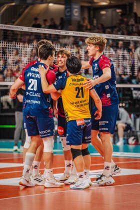 Volleyball mens Bundesliga playoffs semi-finals 2025 2026 SVG Lüneburg vs SWD powervolleys Düren 12 04 2026 The SVG Lüneburg team cheers