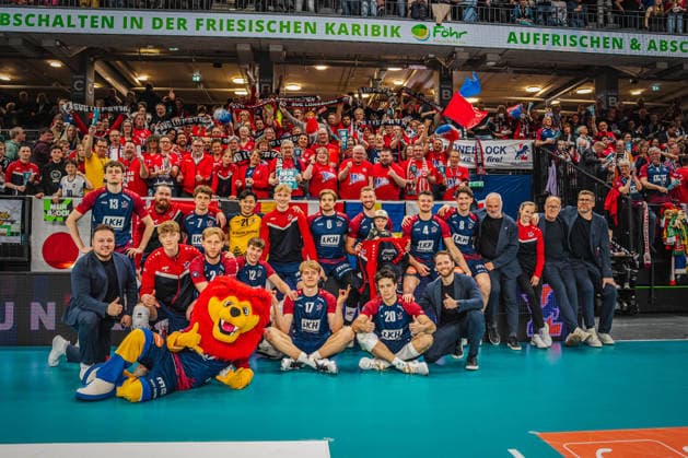 Volleyball mens Bundesliga playoffs semi-finals 2025 2026 SVG Lüneburg vs SWD powervolleys Düren 12 04 2026 SVG Lüneburg celebrates victory against SWD powervolleys Düren