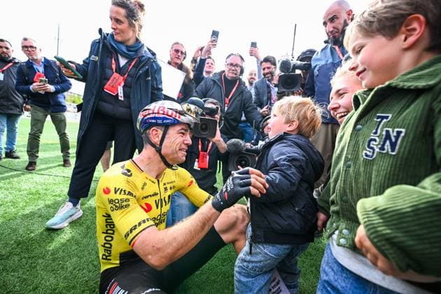 Belgian Wout van Aert of Team Visma-Lease a Bike pictured after winning the men s Paris-Roubaix cycling race, Sunday 12 April 2026, around Roubaix, France. The 123rd edition of Paris-Roubaix cycling races will take on Sunday, with the women riding 143,1 km the men riding 258,3 km on Sunday. POOLxETIENNExGARNIER  x170585590x