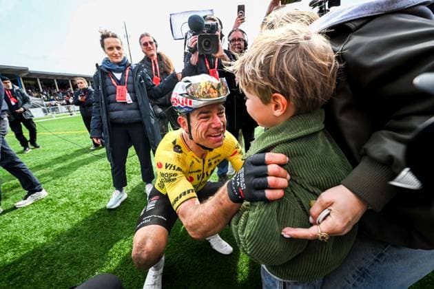 Belgian Wout van Aert of Team Visma-Lease a Bike pictured after winning the men s Paris-Roubaix cycling race, Sunday 12 April 2026, around Roubaix, France. The 123rd edition of Paris-Roubaix cycling races will take on Sunday, with the women riding 143,1 km the men riding 258,3 km on Sunday. POOLxETIENNExGARNIER  x170585592x