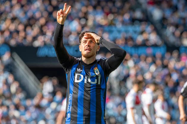 Celebration first goal, Dorsal 5 ALberto Reina player of Real Oviedo, La Liga April 12, 2026 match day 31 RC Celta Real Oviedo Estadio Abanca Balaidos Vigo Vigo Pontevedra Spain Copyright: xLuisxLorenzox