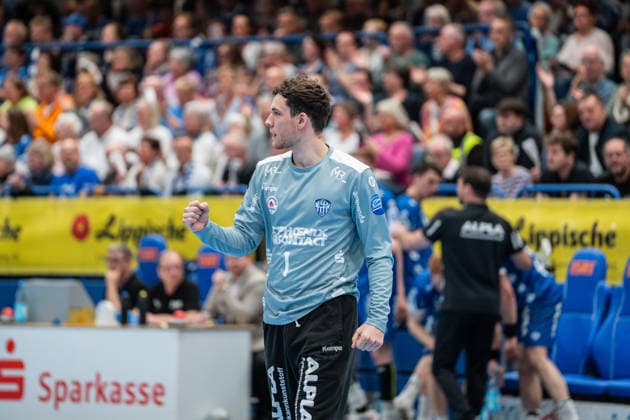TBV Lemgo Lippe GER vs Fuechse Berlin GER , Handball, Daikin Handball Bundesliga, 28 Matchday, 12 4 2026, Season 2025 2026, Lemgo Constantin Moestl TBV Lemgo Lippe, 01 cheers after a save Lemgo Phoenix Contact Arena Germany