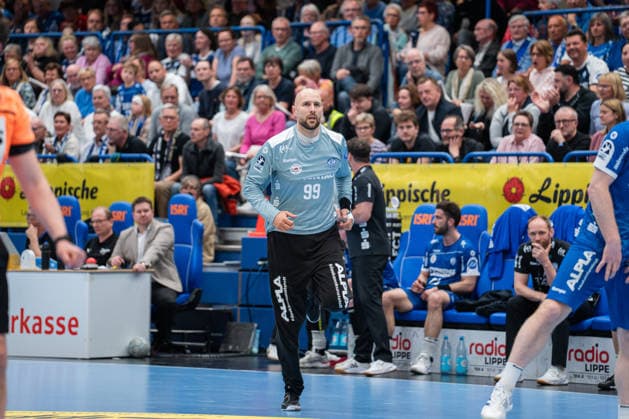 TBV Lemgo Lippe GER vs Fuechse Berlin GER , Handball, Daikin Handball Bundesliga, 28 Matchday, 12 4 2026, Season 2025 2026, Lemgo Urh Kastelic TBV Lemgo Lippe, 99 is substituted for a 7 meter Lemgo Phoenix Contact Arena Germany
