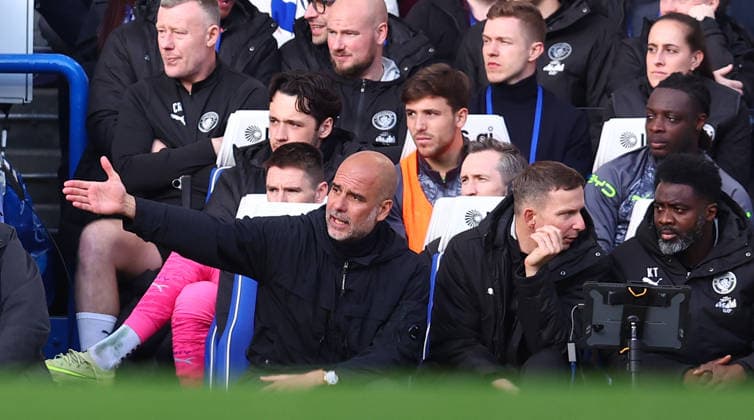 London, England, 12th April 2026. Pep Guardiola, Manager of Manchester City during the Chelsea vs Manchester City Premier League match at Stamford Bridge, London. Picture credit should read: Paul Terry Sportimage EDITORIAL USE ONLY. No use with unauthorised audio, video, data, fixture lists, club league logos or live services. Online in-match use limited to 120 images, no video emulation. No use in betting, games or single club league player publications. SPI_048_PT_Chelsea_Man_City SPI-4683-0048