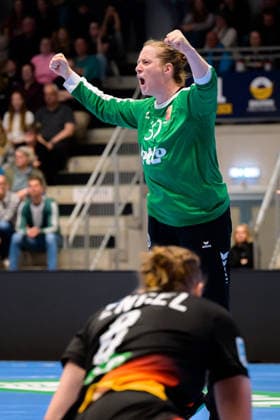 Handball, Womens European Championship Qualification, Germany Belgium, 2nd round, Group 3, Matchday 6 Paule Portier Belgium Jubel Freude Emotion Hamm Westpress Arena Nordrhein Westfalen Germany