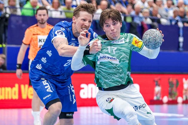 2026 04 12, xkwix, Handball, HBL, TBV Lemgo Lippe Füchse Berlin, PHOENIX CONTACT arena, 28 Matchday, Season 2025 2026 Nils Lichtlein Füchse Berlin 17 in a duel against Adam Nyfjäll TBV Lemgo Lippe 22 DFB regulations prohibit any use of photographs as image sequences and or quasi video Photo xKamilxWilkowskixPressefotoKochx Nordrhein Westfalen Germany