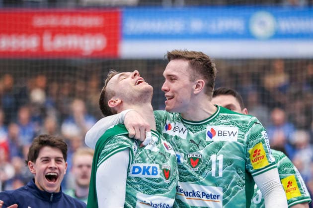 2026 04 12, xkwix, Handball, HBL, TBV Lemgo Lippe Füchse Berlin, PHOENIX CONTACT arena, 28 Matchday, Season 2025 2026 Lasse Andersson Füchse Berlin 11 and Mathias Gidsel Füchse Berlin 19 cheer after victory and are relieved DFB regulations prohibit any use of photographs as image sequences and or quasi video Photo xKamilxWilkowskixPressefotoKochx Nordrhein Westfalen Germany