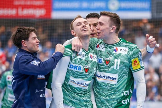2026 04 12, xkwix, Handball, HBL, TBV Lemgo Lippe Füchse Berlin, PHOENIX CONTACT arena, 28 Matchday, Season 2025 2026 Lasse Andersson Füchse Berlin 11 and Mathias Gidsel Füchse Berlin 19 cheer after victory and are relieved DFB regulations prohibit any use of photographs as image sequences and or quasi video Photo xKamilxWilkowskixPressefotoKochx Nordrhein Westfalen Germany