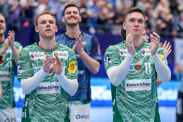 2026 04 12, xkwix, Handball, HBL, TBV Lemgo Lippe Füchse Berlin, PHOENIX CONTACT arena, 28 Matchday, Season 2025 2026 Mathias Gidsel Füchse Berlin 19 and Lasse Andersson Füchse Berlin 11 cheer and clap to the fans DFB regulations prohibit any use of photographs as image sequences and or quasi video Photo xKamilxWilkowskixPressefotoKochx Nordrhein Westfalen Germany