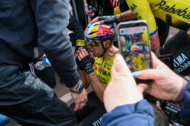 Belgian Wout van Aert of Team Visma-Lease a Bike and pictured after winning the men s Paris-Roubaix cycling race, Sunday 12 April 2026, around Roubaix, France. The 123rd edition of Paris-Roubaix cycling races will take on Sunday, with the women riding 143,1 km the men riding 258,3 km on Sunday. POOLxVINCENTxKALUT  x170588862x