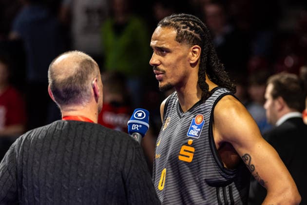 GER, easy Credit Basketball Bundesliga, FC Bayern München Basketball Niners Chemnitz 12 04 2026, BMW Park, Munich, GER, easy Credit Basketball Bundesliga, FC Bayern München Basketball Niners Chemnitz Kevin Yebo Niners Chemnitz, 0 at the interview Photo Alexander Trienitz Munich BMW Park Bayern Germany