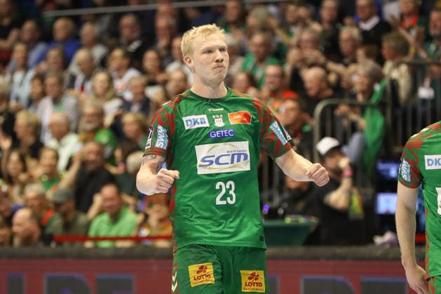 12 04 2026, xgox, Handball Daikin HBL SC Magdeburg HC Erlangen emspor, v l Magnus Saugstrup Magdeburg, 23 Jubel, Torjubel, jubelt über das Tor, celebrate the goal, celebration Magdeburg