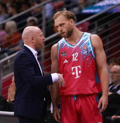 Assistant Coach Lionel Bosco Bonn with Melvin Jostmann Bonn , Bonn, Germany, 12 04 2026, Basketball Bundesliga, Matchday 29, Telekom Baskets Bonn vs Basketball Löwen Braunschweig