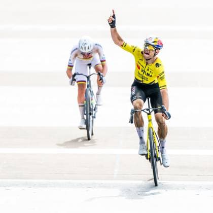 Belgian Wout van Aert of Team Visma-Lease a Bike celebrates as he crosses the finish line to win the men s Paris-Roubaix cycling race, Sunday 12 April 2026, around Roubaix, France. The 123rd edition of Paris-Roubaix cycling races will take on Sunday, with the women riding 143,1 km the men riding 258,3 km on Sunday. JASPERxJACOBS  x170603413x