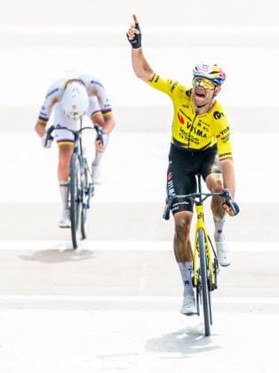 Belgian Wout van Aert of Team Visma-Lease a Bike celebrates as he crosses the finish line to win the men s Paris-Roubaix cycling race, Sunday 12 April 2026, around Roubaix, France. The 123rd edition of Paris-Roubaix cycling races will take on Sunday, with the women riding 143,1 km the men riding 258,3 km on Sunday. JASPERxJACOBS  x170603415x