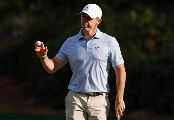 Rory McIlroy of Northern Ireland reacts after a birdie on the 13th hole during the final round of the Masters Tournament at Augusta National Golf Club on Sunday, April 12, 2026, in Augusta, Georgia.  AUG20260412845 JOHNxANGELILLO