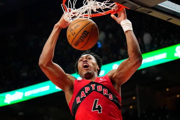 April 12, 2026, Toronto, On, CANADA: Toronto Raptors forward Scottie Barnes (4) slam dunks the ball during first half NBA, Basketball Herren, USA basketball action against the Brooklyn Nets, in Toronto, Sunday, April 12, 2026. Canada News - April 12, 2026 - ZUMAc35_ 20260412_zaf_c35_057 Copyright: xFrankxGunnx