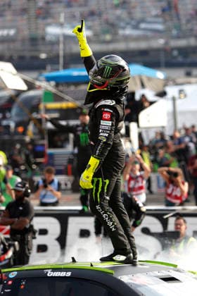 BRISTOL, TN - APRIL 12: Ty Gibbs ( 54 Joe Gibbs Racing Monster Energy Toyota) celebrates after winning the NASCAR, Motorsport, USA Cup Series Food City 500 on April 12, 2026 at Bristol Motor Speedway in Bristol, TN. (Photo by Jeff Robinson Icon Sportswire) AUTO: APR 12 NASCAR Cup Series Food City 500 EDITORIAL USE ONLY Icon2604125058500