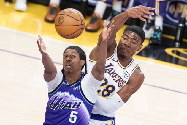 April 12, 2026, Los Angeles, California, USA: Utah JazzÃ¢â‚¬â ¢ Cody Williams (5) and Los Angeles LakersÃ¢â‚¬â ¢ Rui Hachimura (28) vie for the ball during an NBA, Basketball Herren, USA basketball game at Crypto.com Arena on Sunday, April 12, 2026 in Los Angeles. NBA 2026: Jazz Vs Lakers  - ZUMAc68_ 20260412_zaf_c68_002 Copyright: xRingoxChiux