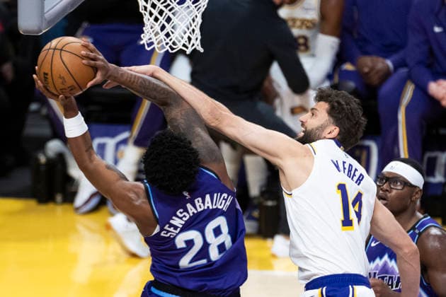 April 12, 2026, Los Angeles, California, USA: Los Angeles LakersÃ¢â‚¬â ¢ Maxi Kleber (14) fouls Utah JazzÃ¢â‚¬â ¢ Brice Sensabaugh (28) during an NBA, Basketball Herren, USA basketball game at Crypto.com Arena on Sunday, April 12, 2026 in Los Angeles. NBA 2026: Jazz Vs Lakers  - ZUMAc68_ 20260412_zaf_c68_012 Copyright: xRingoxChiux