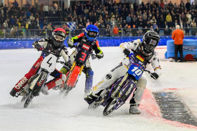 FIM Ice Speedway Of Nations 2026 Christoph Kirchner (10) of Germany leads Martin Posch (4) of Austria in red and Harald Simon (3) of Austria in blue during the FIM Ice Speedway Of Nations at Ice Rink Thialf, Heerenveen, on April 12, 2026. Heerenveen United Kingdom  Copyright: xMIxNewsx originalFilename:fletcher-fimicesp260412_npnAo.jpg