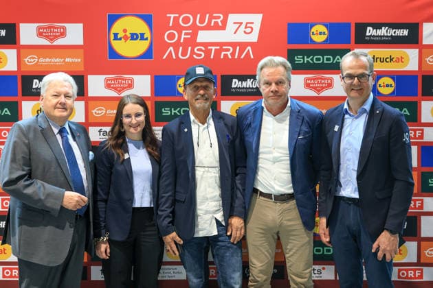CYCLING - Tour of Austria GRAZ,AUSTRIA,13.APR.26 - CYCLING - Tour of Austria, presentation. Image shows president Harald J. Mayer (Cycling Austria), Madeleine Grillhofer (Snowspace Salzburg), Peter Stankovic (Sankt Johann Alpendorf), tournament director Thomas Pupp and Hannes Rieser (Jo Salzburg).  GEPAxpictures xMarioxBuehner-Weinrauch